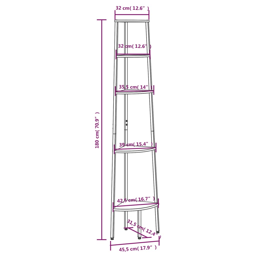 Raft de colț cu 5 niveluri, negru, 45,5x31,5x180 cm