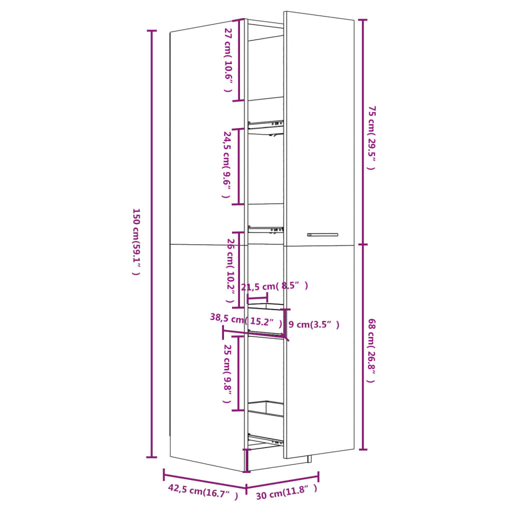 Dulap farmacie, alb extralucios, 30x42,5x150 cm, PAL