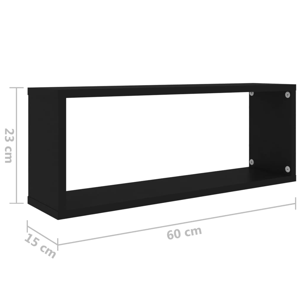 Rafturi de perete cub, 2 bucăți, negru, 60x15x23 cm, PAL