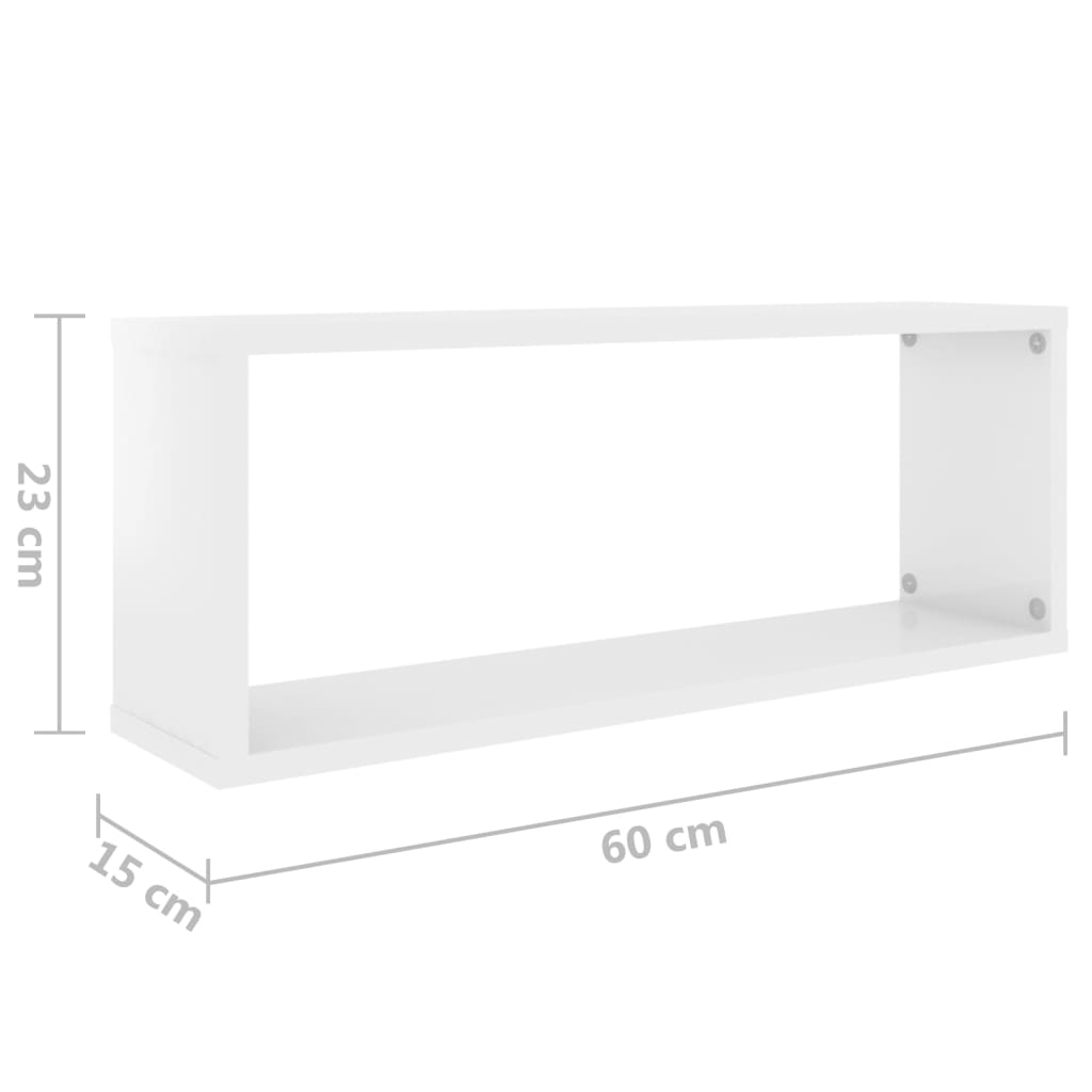 Rafturi de perete cub, 2 buc, alb extralucios, 60x15x23 cm, PAL