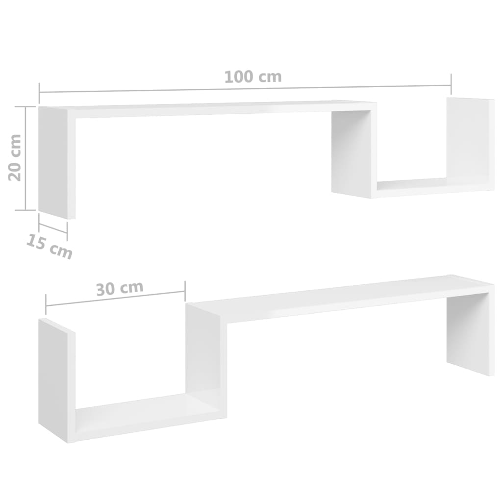 Rafturi de perete 2 buc. alb lucios 100x15x20 cm lemn prelucrat - Lando