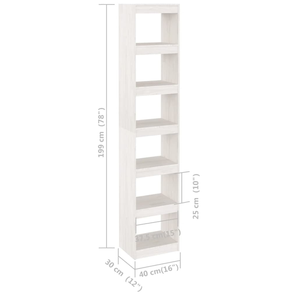 Bibliotecă/Separator cameră, alb, 40x30x199 cm, lemn masiv pin