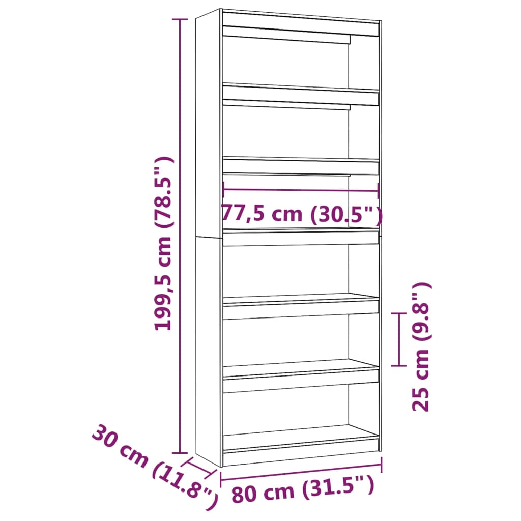 Bibliotecă/Separator cameră, 80x30x199,5 cm lemn masiv pin