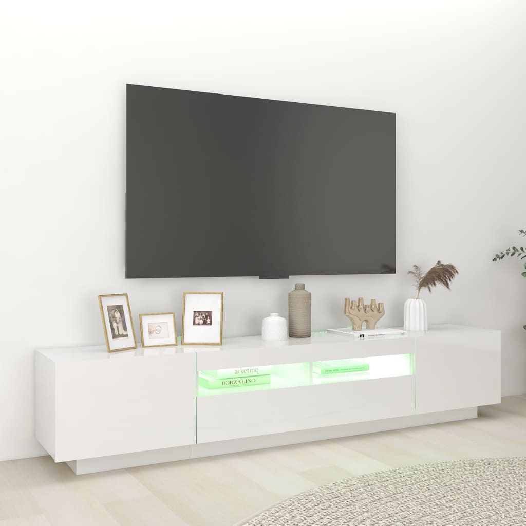 Comodă TV cu lumini LED, alb extralucios, 200x35x40 cm