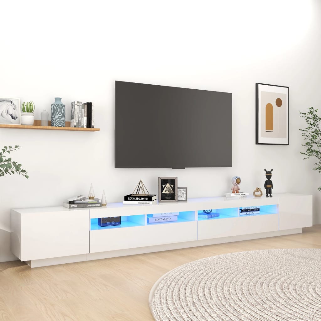 Comodă TV cu lumini LED, alb extra lucios, 300x35x40 cm