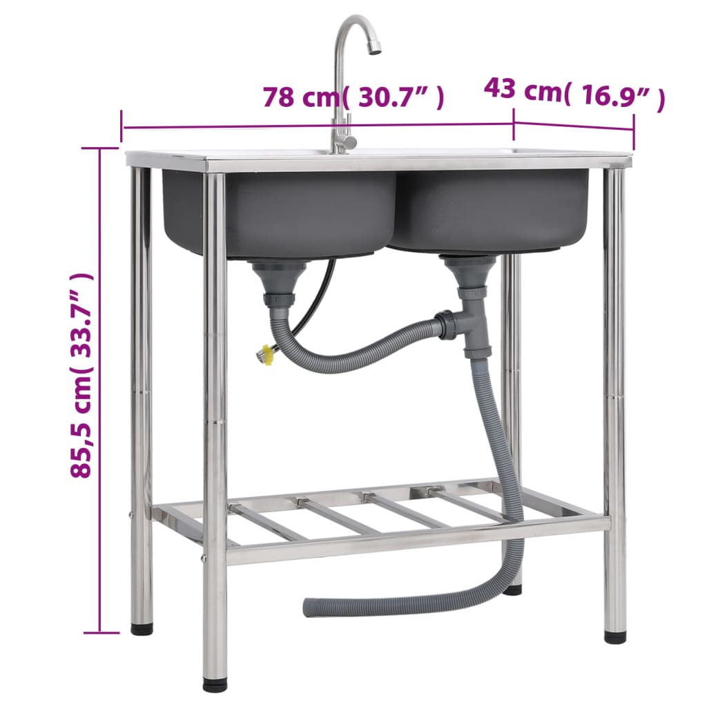 Chiuvetă de camping, cuvă dublă, cu robinet, oțel inoxidabil