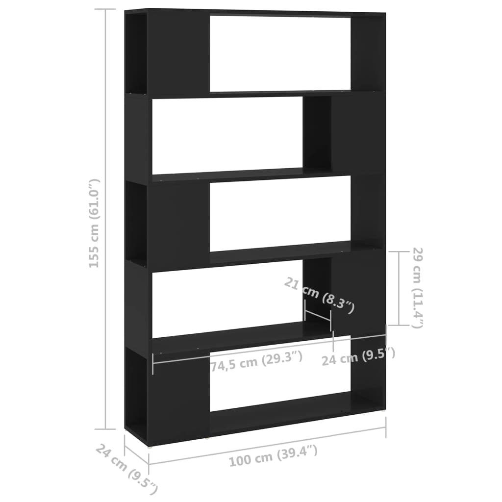 Bibliotecă/Separator cameră, negru, 100x24x155 cm, PAL