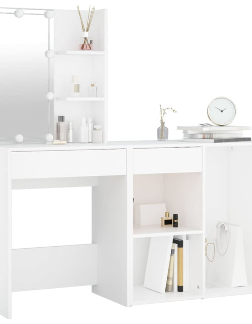 Încărcați imaginea în vizualizatorul Galerie, Măsuță de toaletă cu LED și dulap, alb, lemn prelucrat
