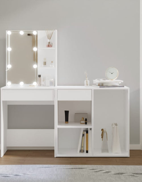 Încărcați imaginea în vizualizatorul Galerie, Măsuță de toaletă cu LED și dulap, alb, lemn prelucrat
