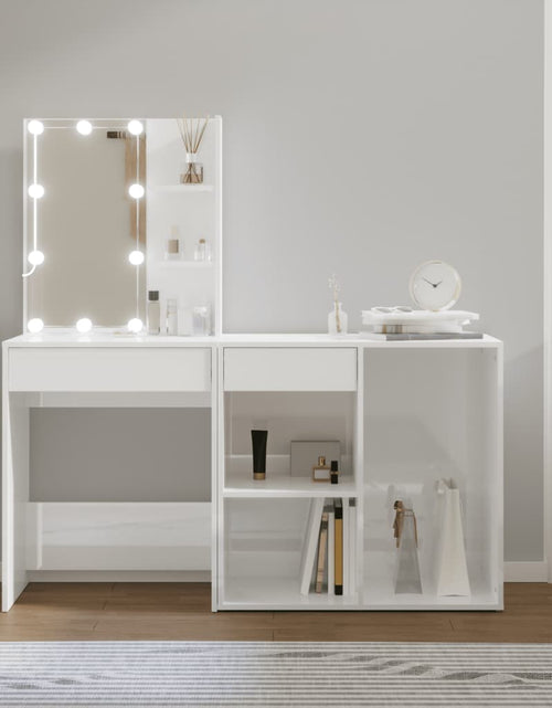 Încărcați imaginea în vizualizatorul Galerie, Măsuță de toaletă cu LED și dulap, alb lucios, lemn prelucrat
