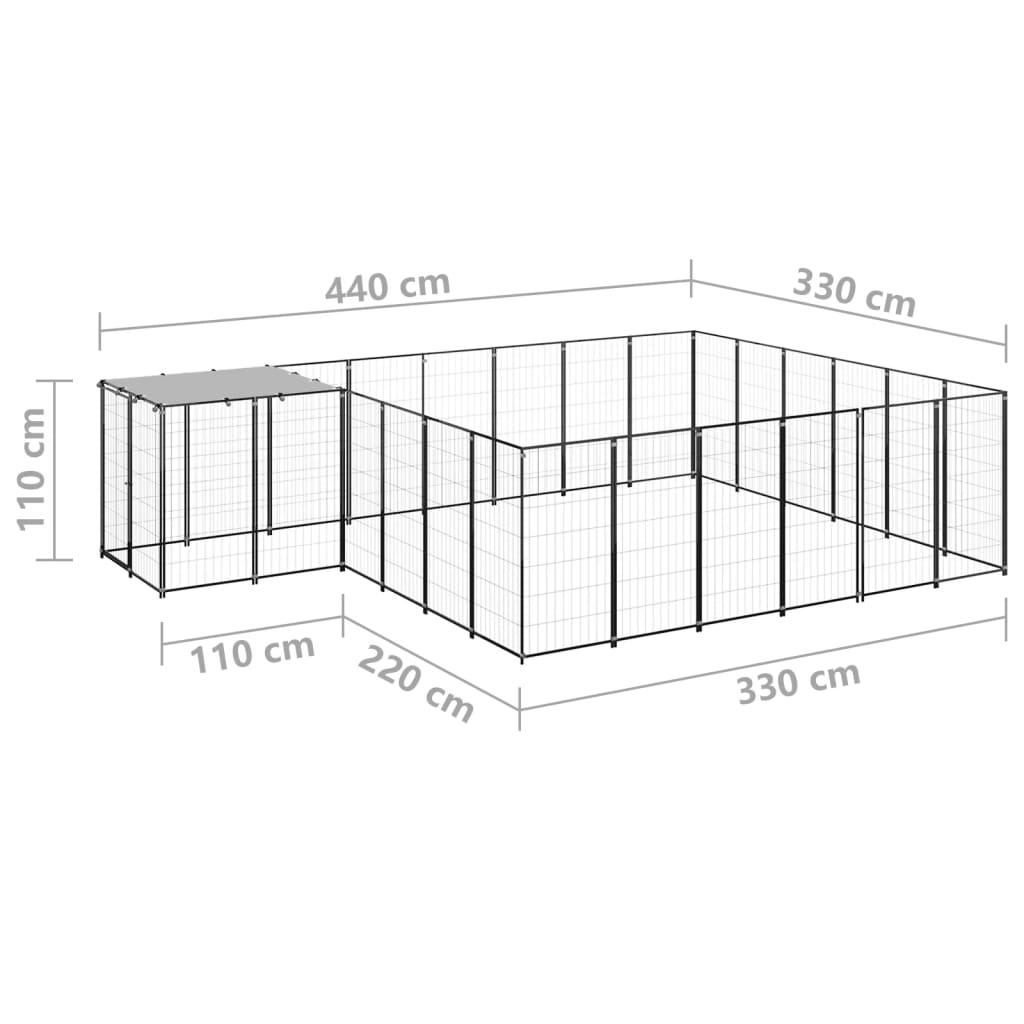 Padoc pentru câini, negru, 12,1 m², oțel