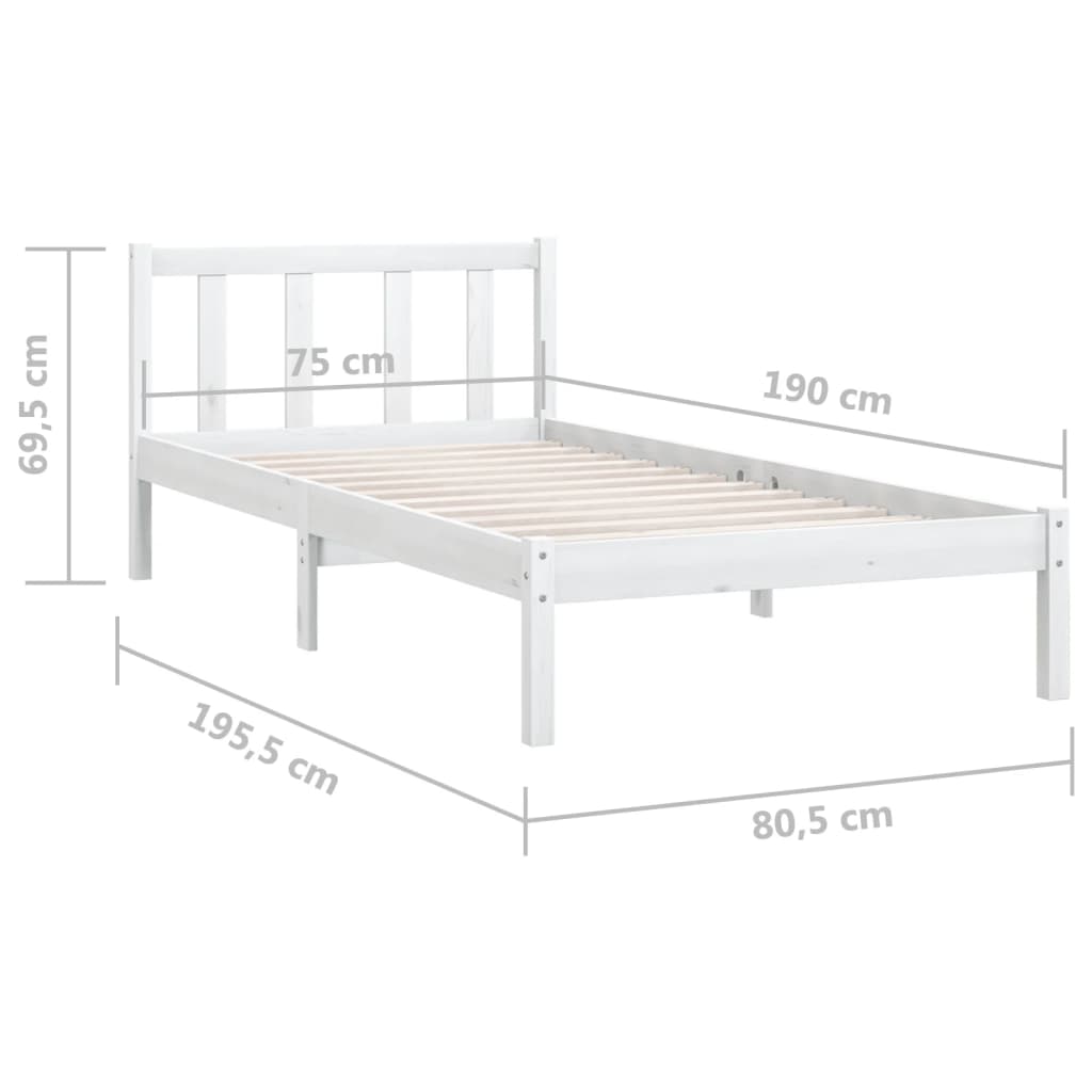 Cadru de pat mic single, alb, 75x190 cm, lemn masiv de pin