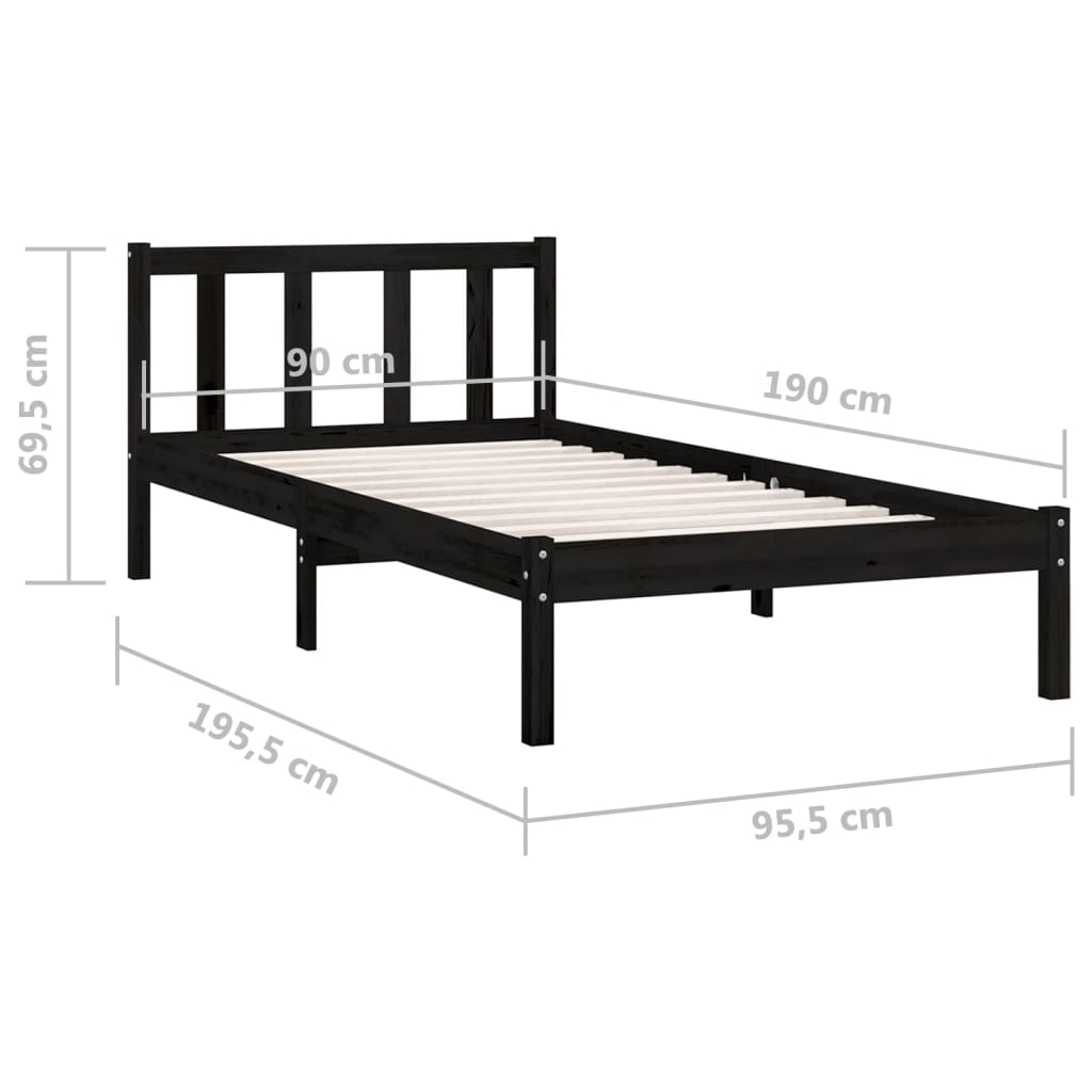 Cadru de pat single, negru, 90x190 cm, lemn masiv de pin