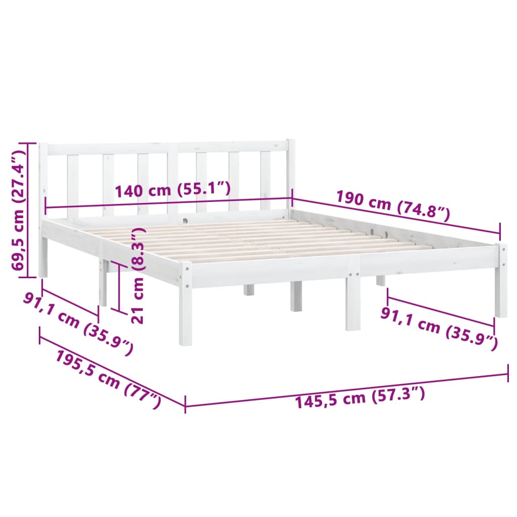 Cadru de pat, alb, 140x190 cm, lemn de pin masiv