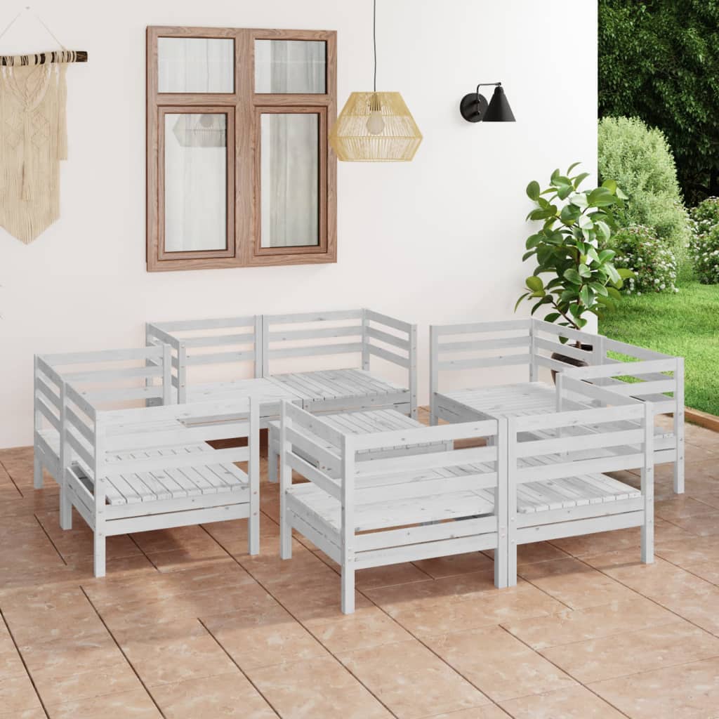 Set mobilier de grădină, 9 piese, alb, lemn masiv de pin