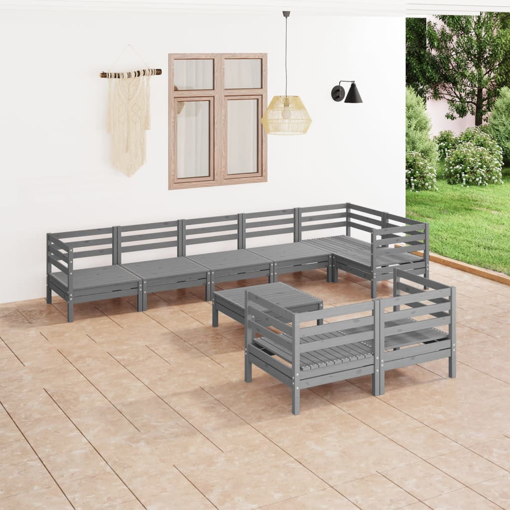 Set mobilier de grădină, 9 piese, gri, lemn masiv de pin