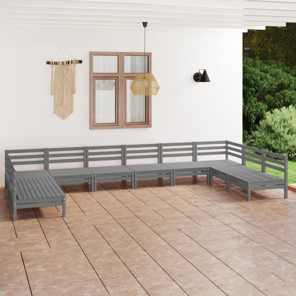 Set mobilier relaxare grădină, 10 piese, gri, lemn masiv pin - Lando