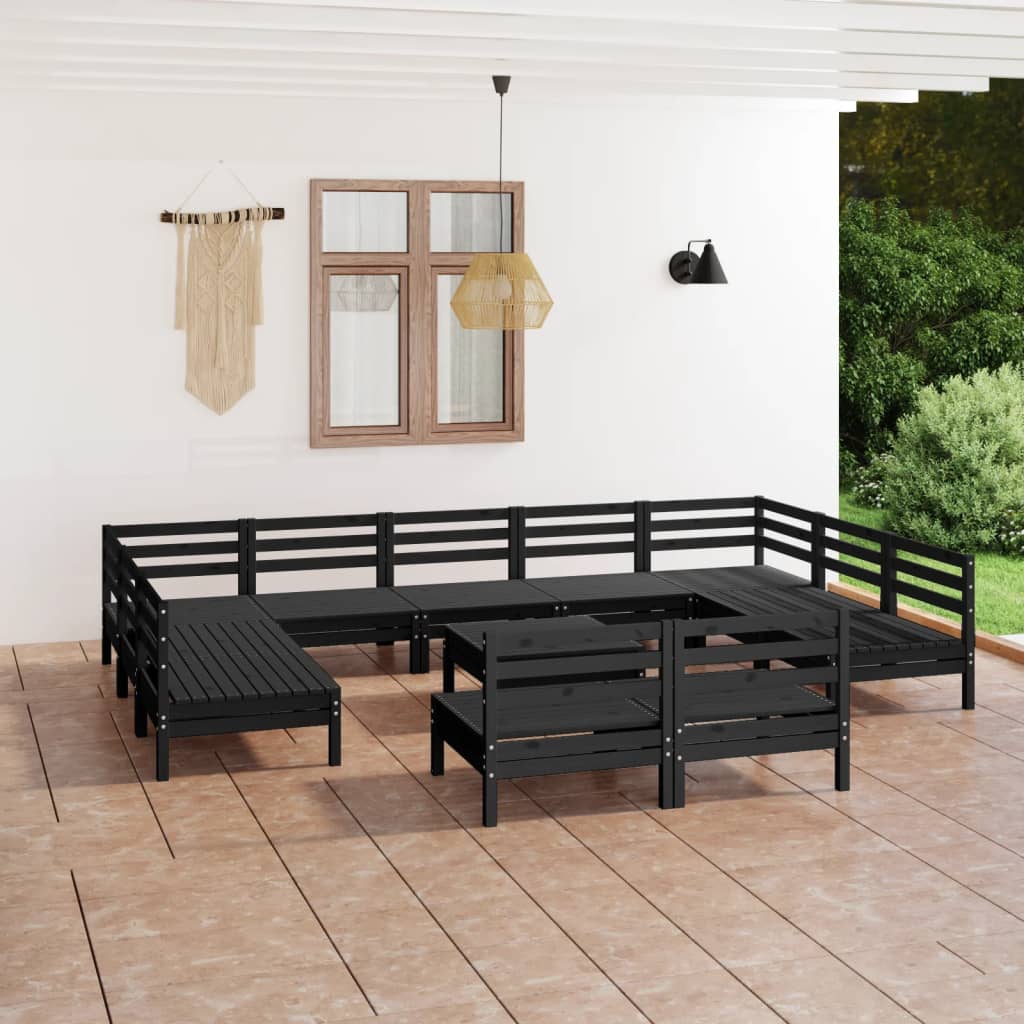 Set mobilier de grădină, 12 piese, negru, lemn masiv de pin - Lando