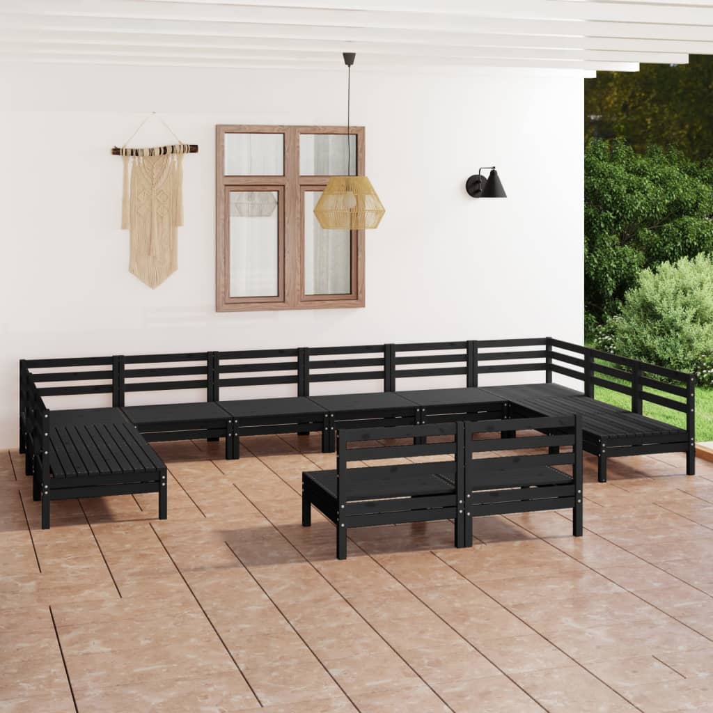 Set mobilier de grădină, 12 piese, negru, lemn masiv de pin - Lando