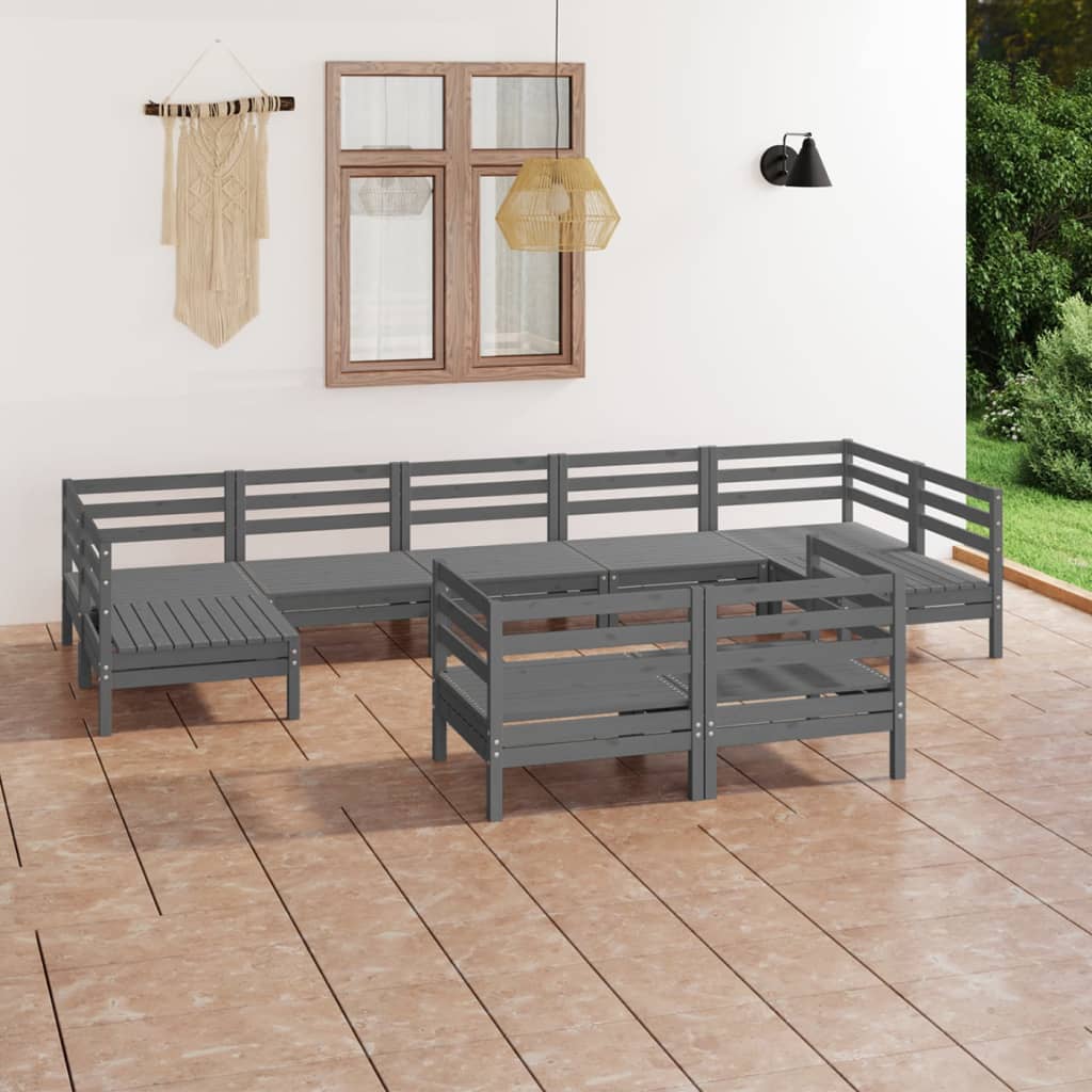 Set mobilier de grădină, 9 piese, gri, lemn masiv de pin