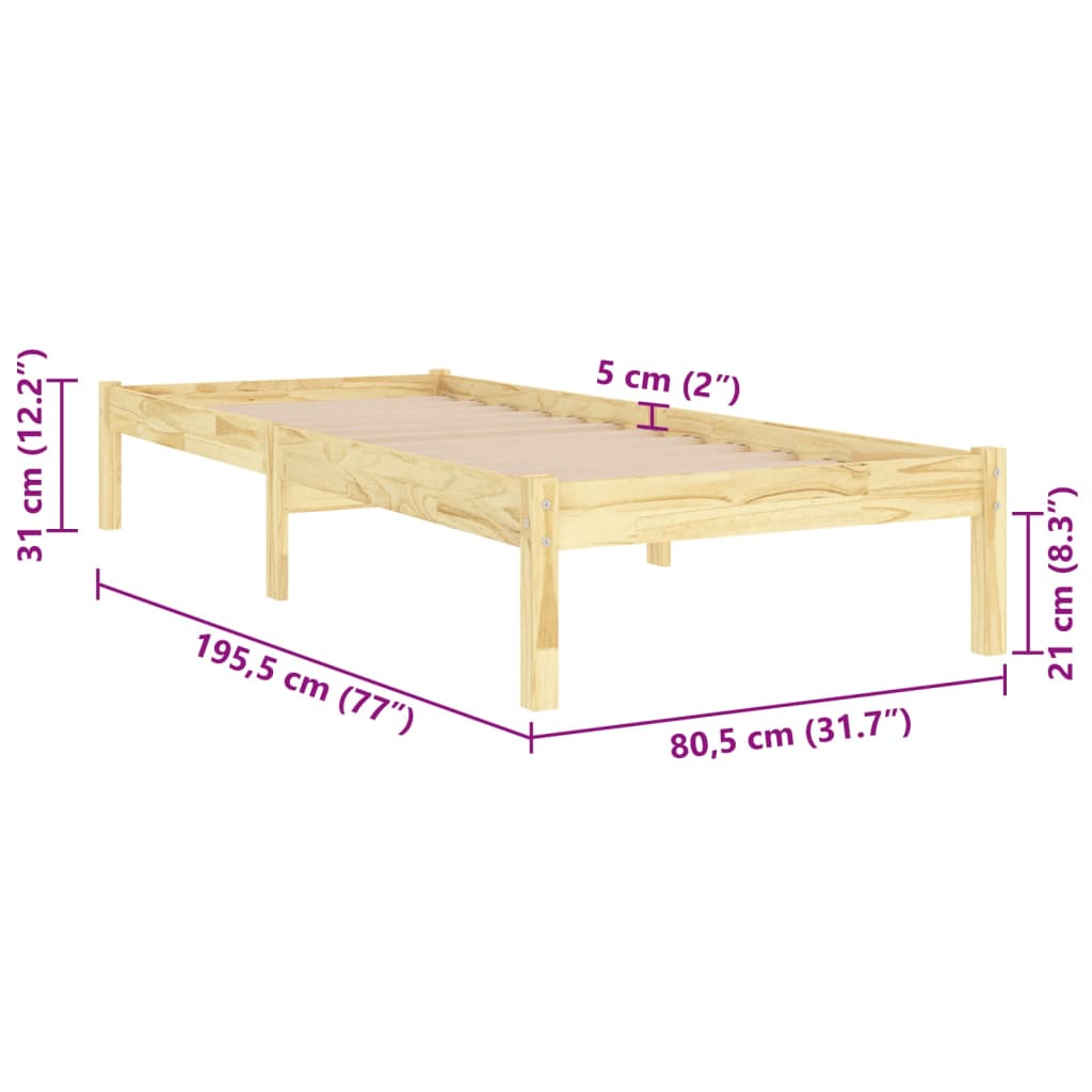 Cadru de pat mic single, 75x190 cm, lemn masiv