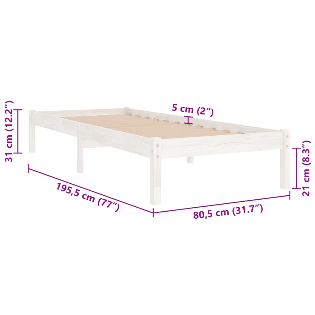 Cadru de pat mic single, alb, 75x190 cm, lemn masiv