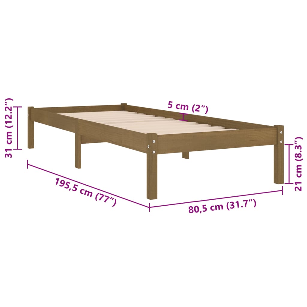 Cadru de pat mic single, maro miere, 75x190 cm, lemn masiv