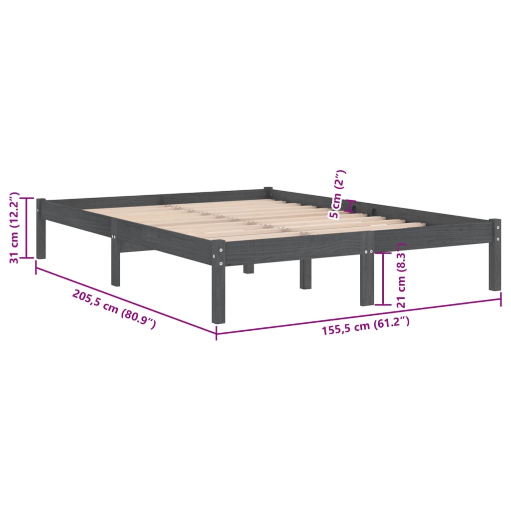 Cadru de pat King Size, gri, 150x200 cm, lemn masiv