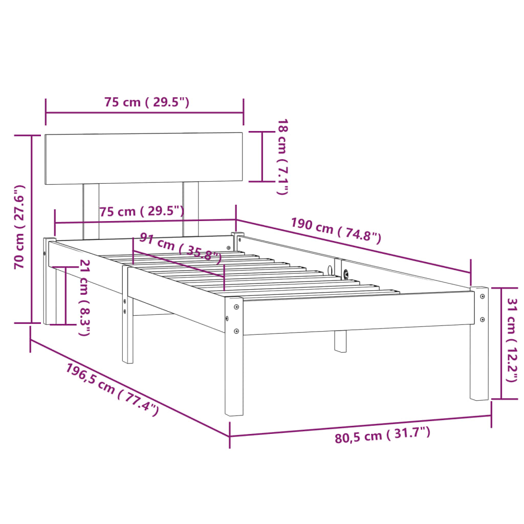 Cadru de pat mic single, 75x190 cm, lemn masiv