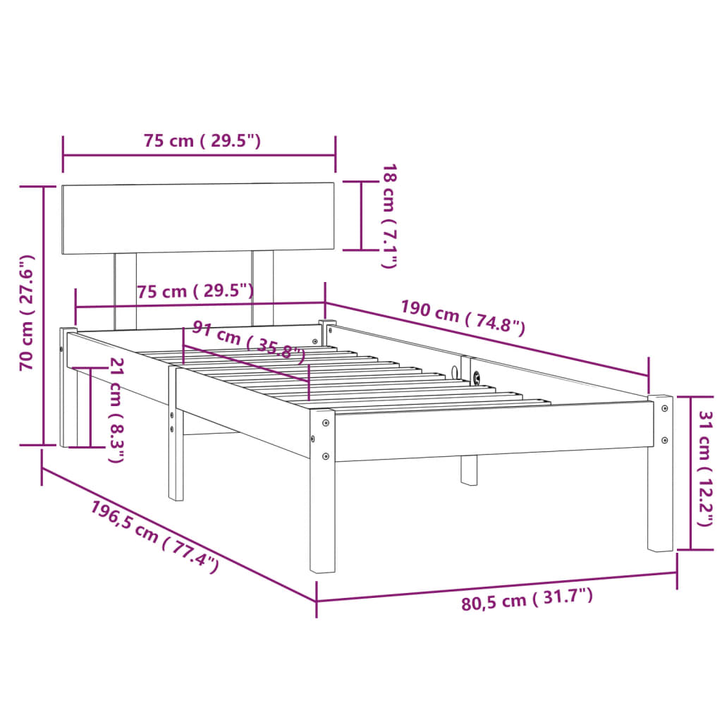 Cadru de pat mic single, alb, 75x190 cm, lemn masiv