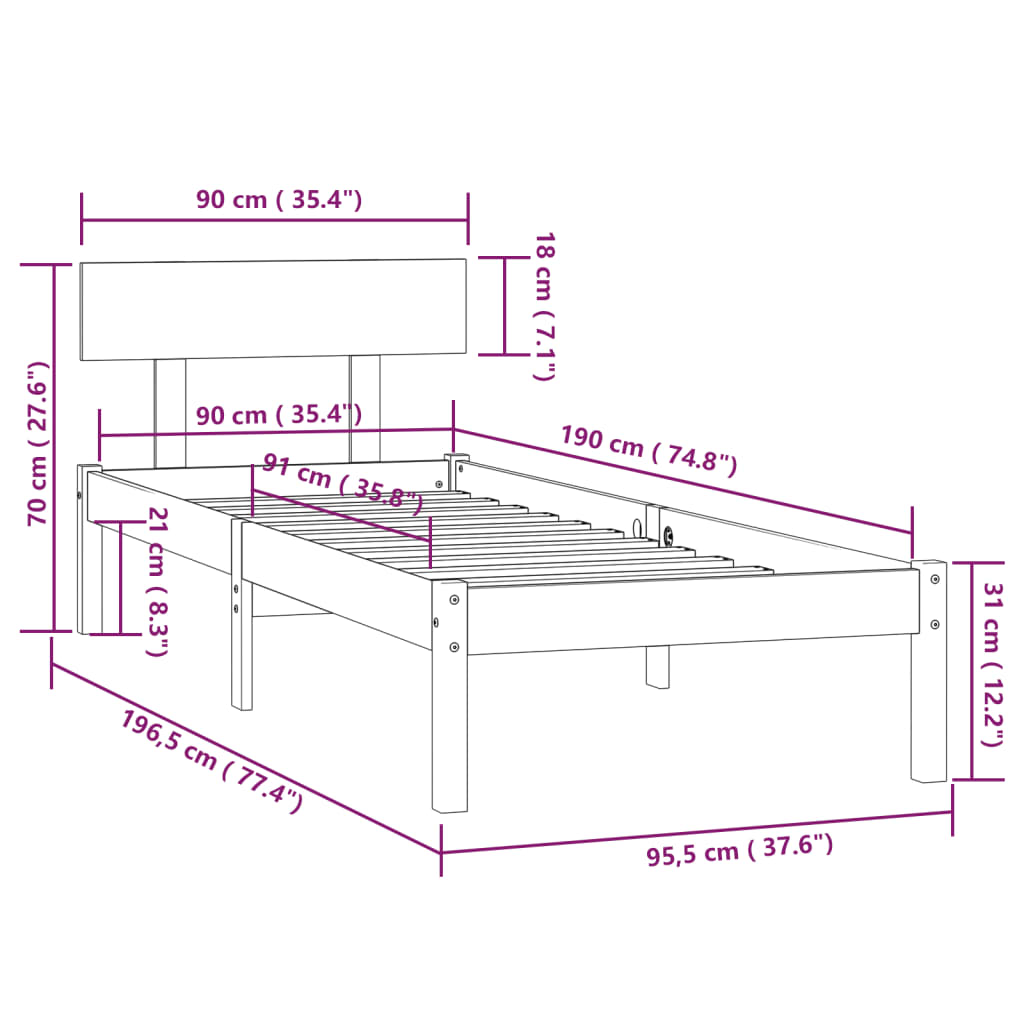 Cadru de pat UK Single, gri, 90x190 cm, lemn masiv de pin