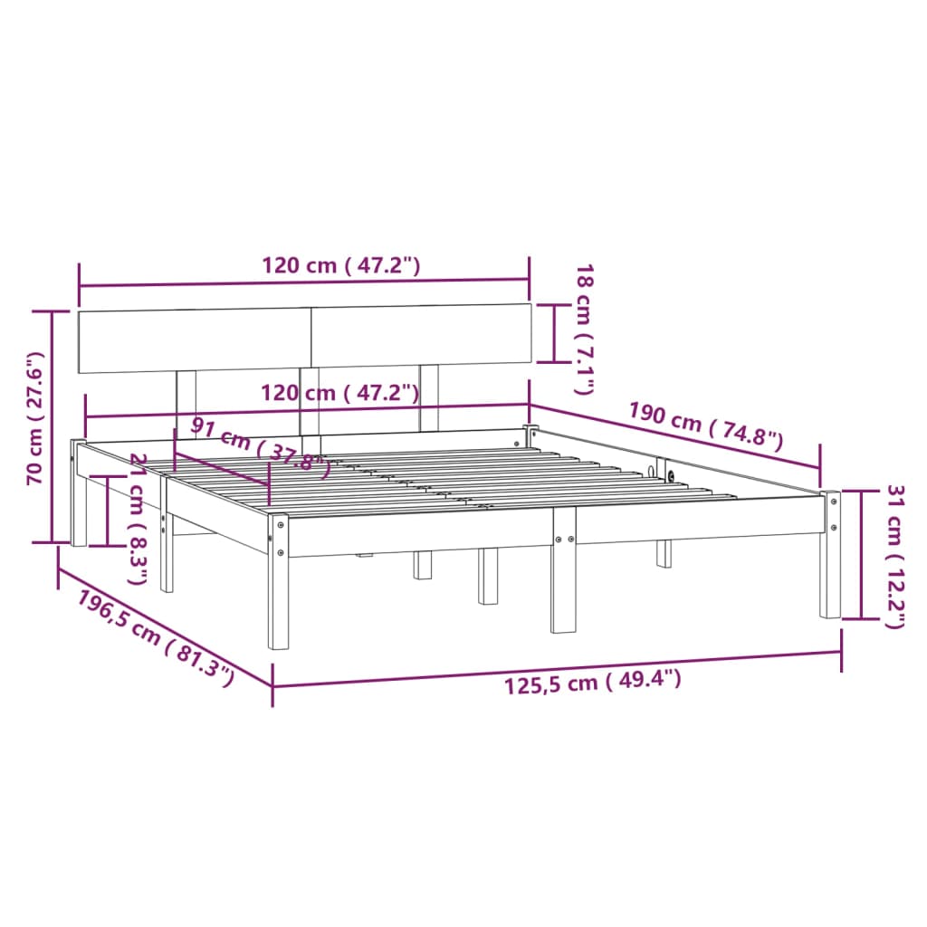 Cadru de pat UK mic dublu, 120x190 cm, lemn masiv de pin