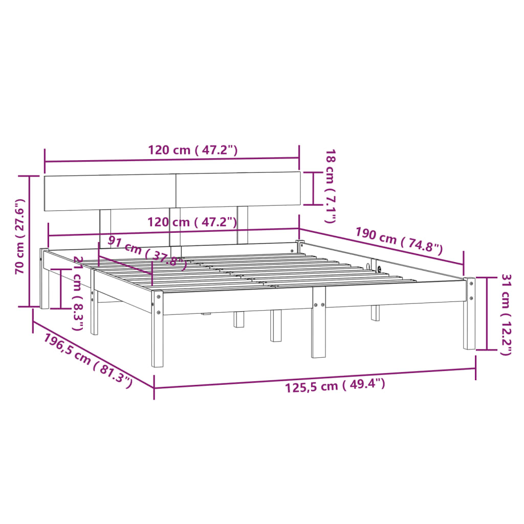 Cadru de pat UK Small Double, negru, 120x190 cm, lemn masiv pin