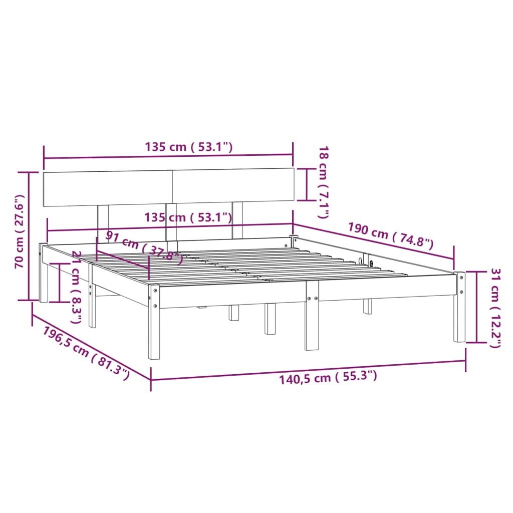 Cadru de pat UK dublu, alb, 135x190 cm, lemn masiv de pin