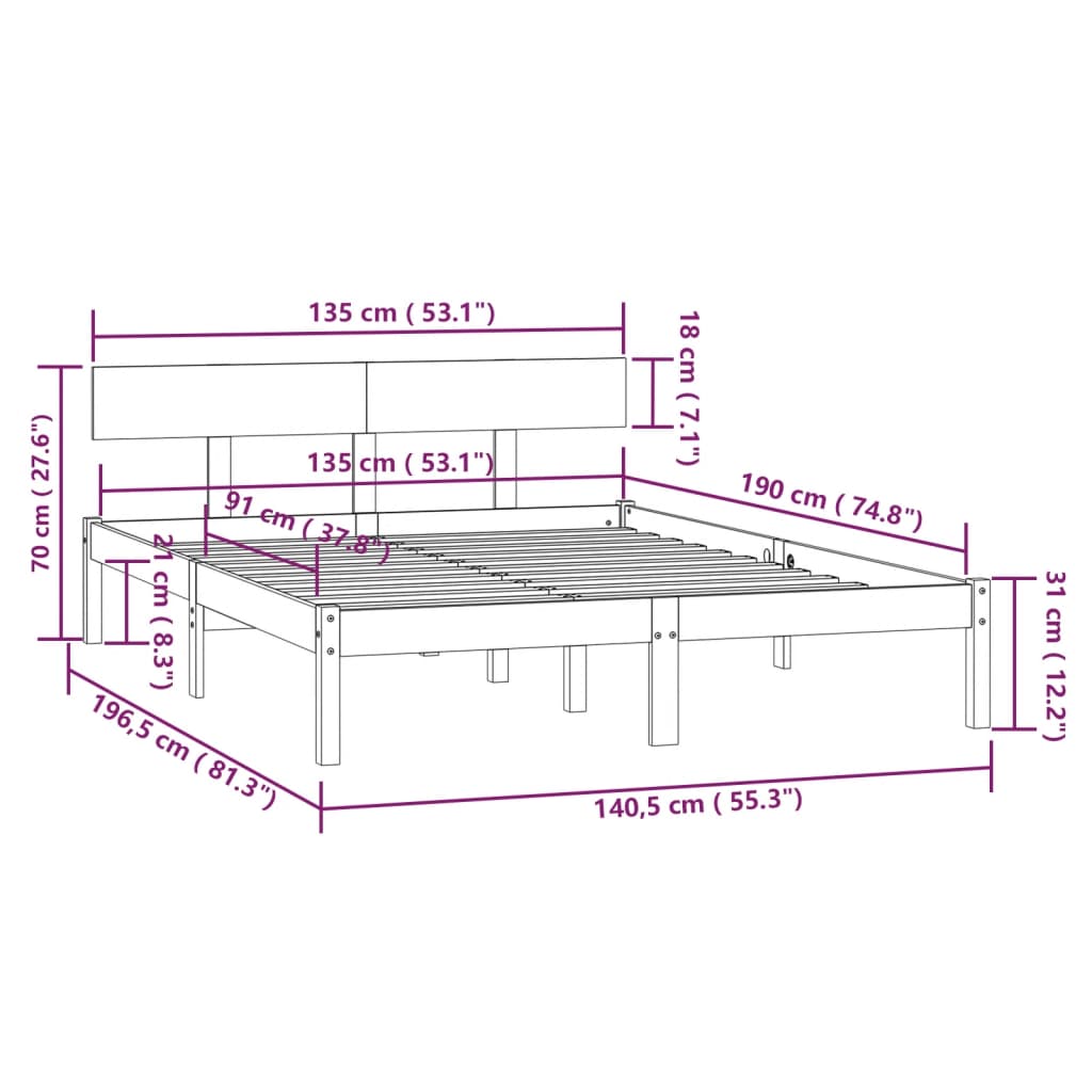 Cadru de pat UK dublu, negru, 135x190 cm, lemn masiv de pin