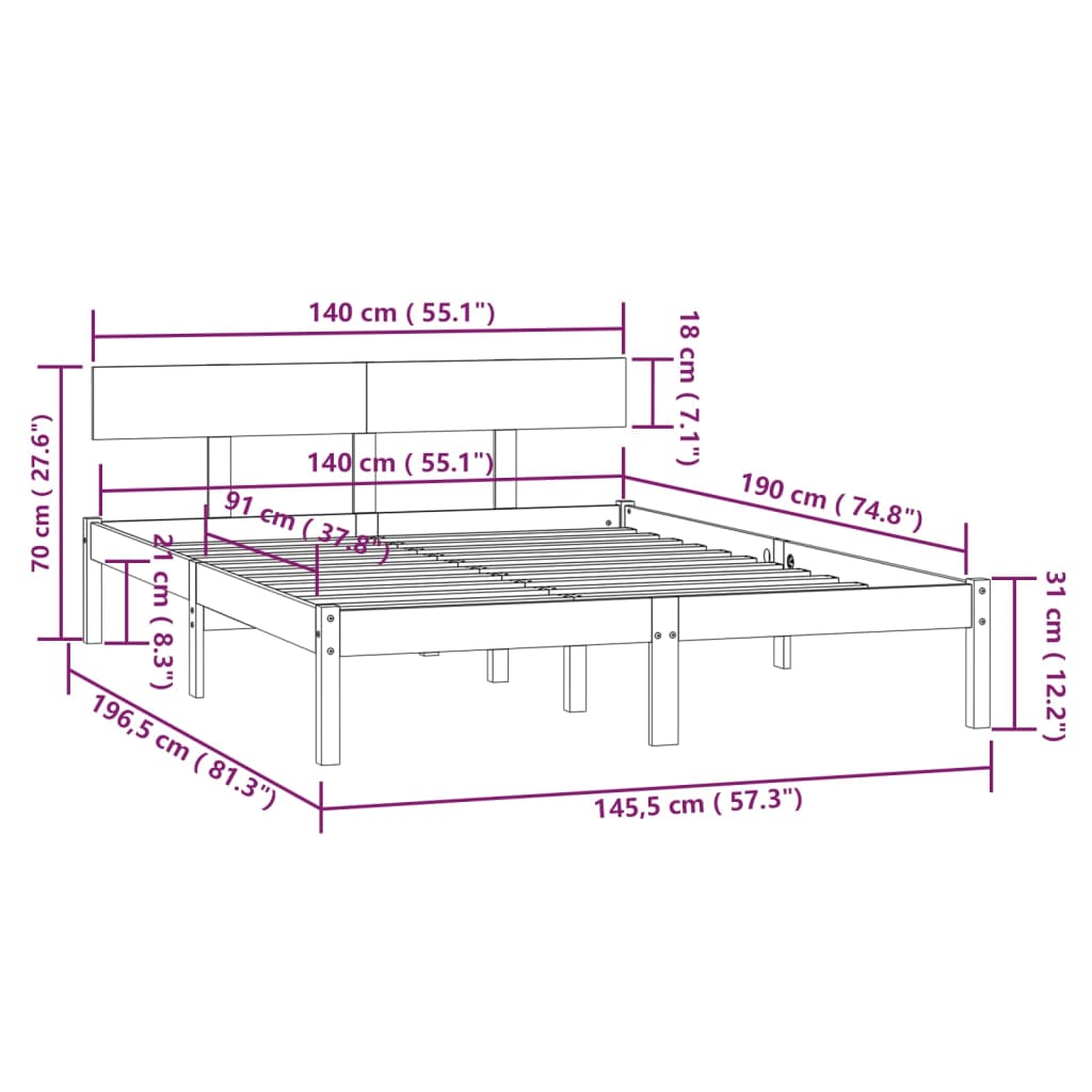 Cadru de pat, gri, 140x190 cm, lemn masiv de pin