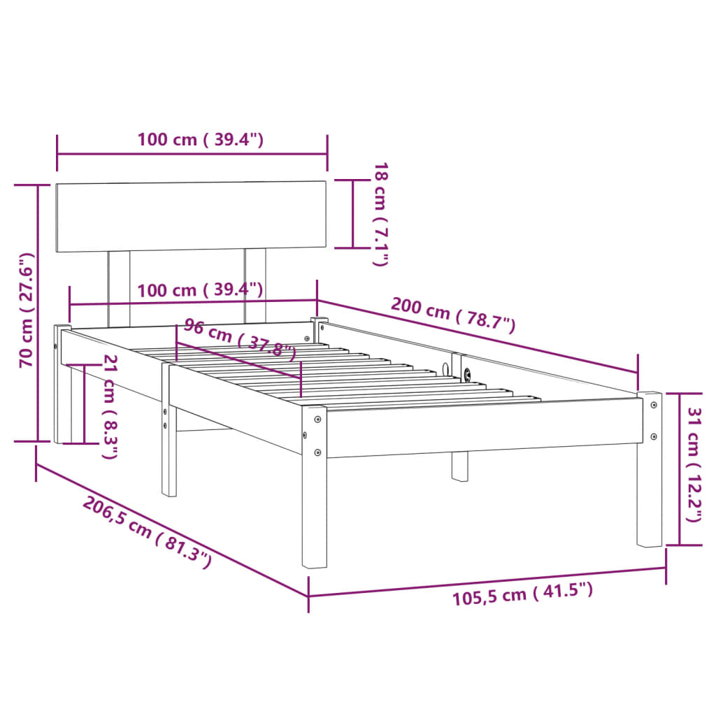 Cadru de pat, gri, 100x200 cm, lemn masiv de pin