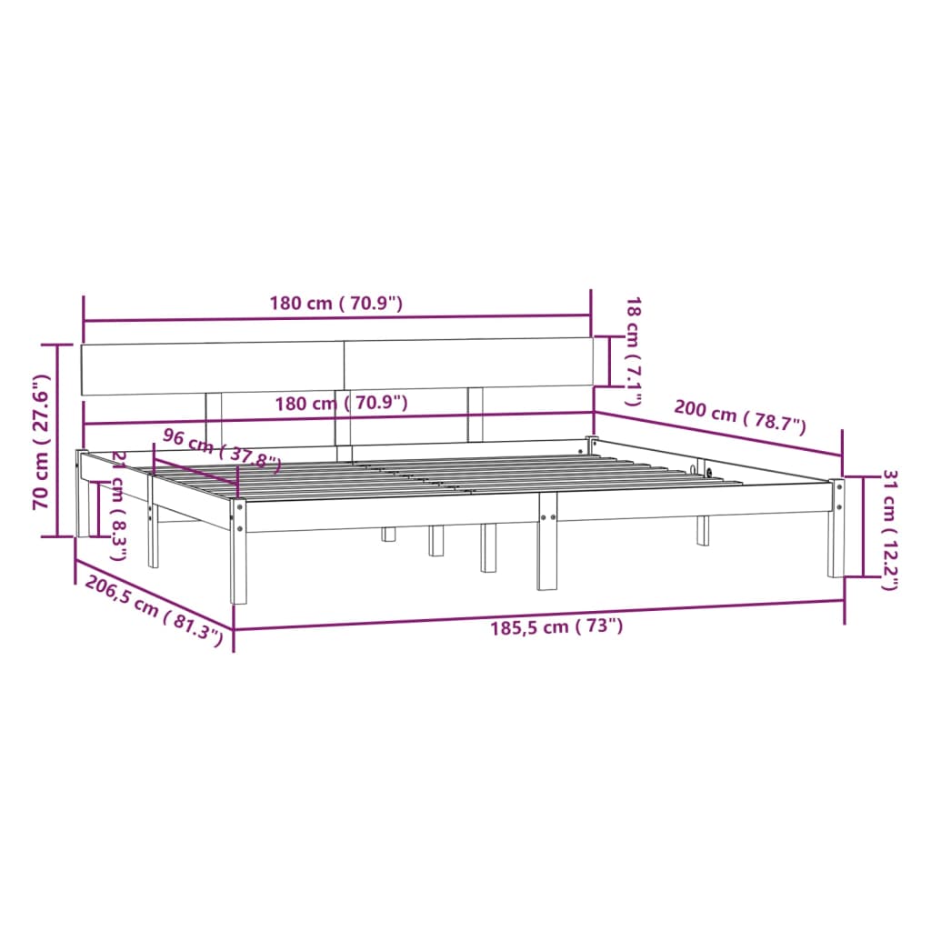 Cadru de pat UK Super King, 180x200 cm, lemn masiv pin