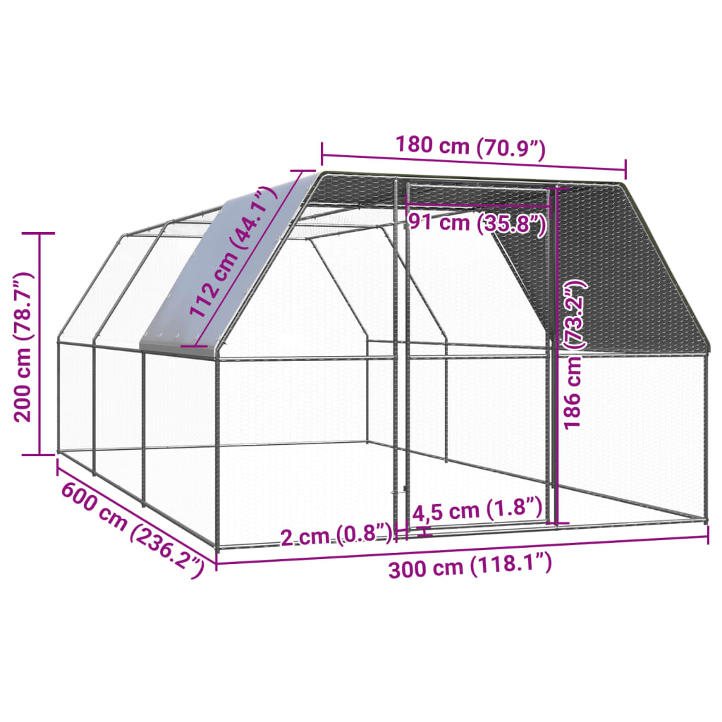 Coteț de păsări pentru exterior, 3x6x2 m, oțel zincat