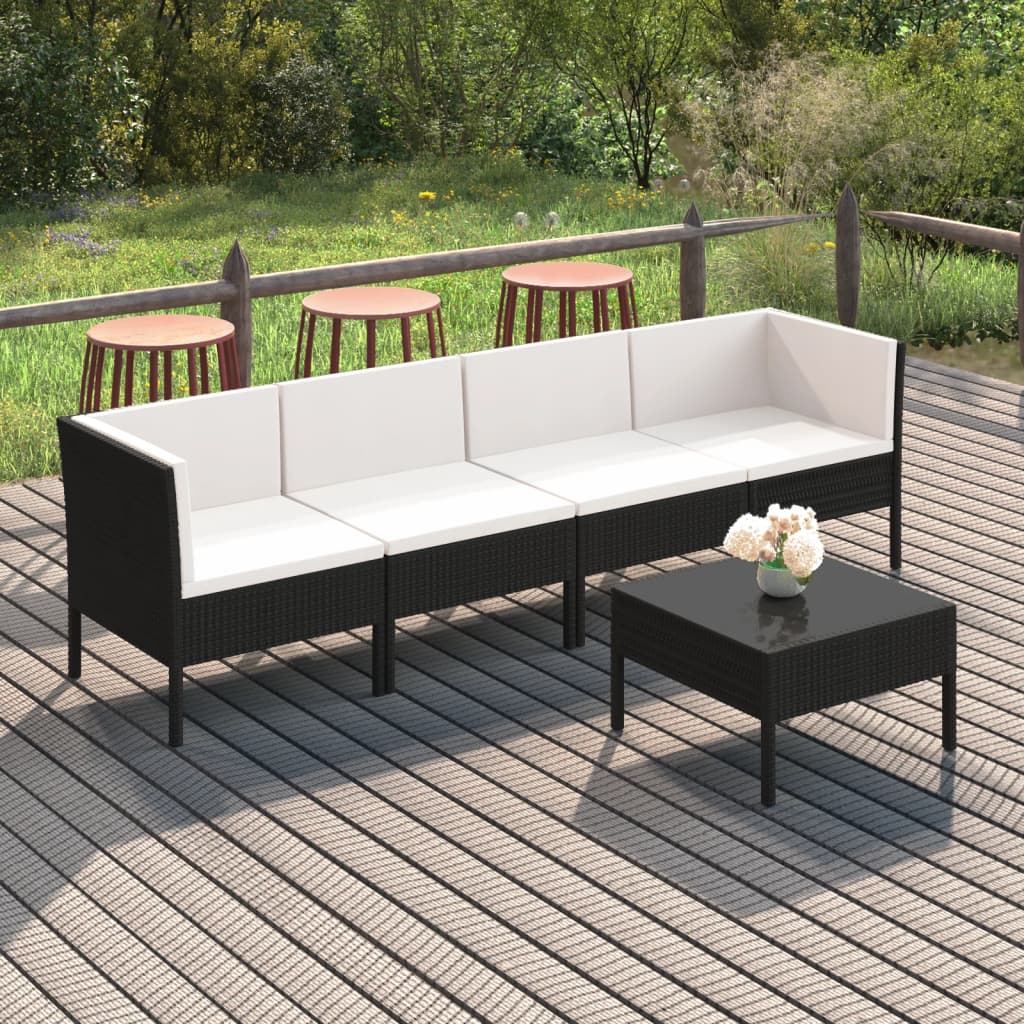 Set mobilier de grădină cu perne, 5 piese, negru, poliratan