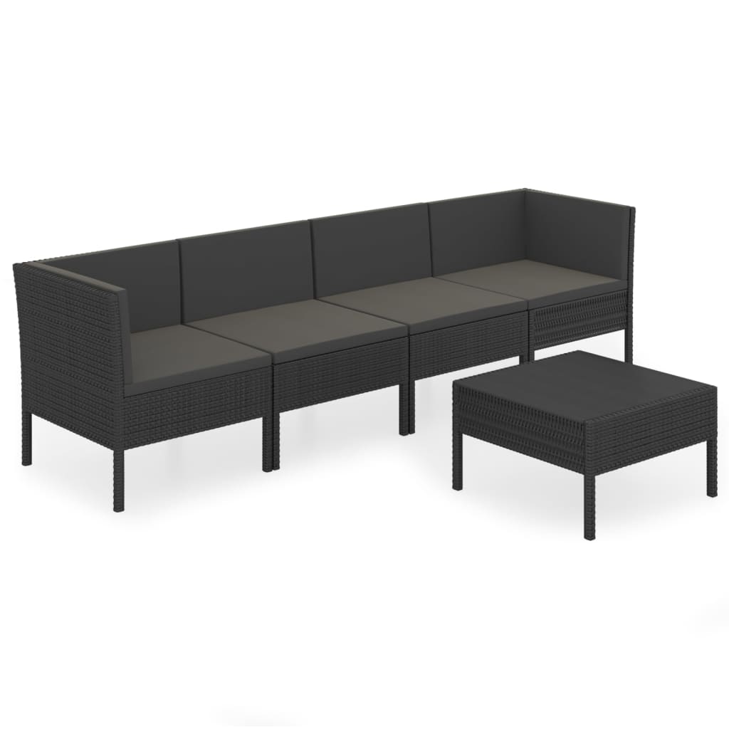 Set mobilier de grădină cu perne, 5 piese, negru, poliratan