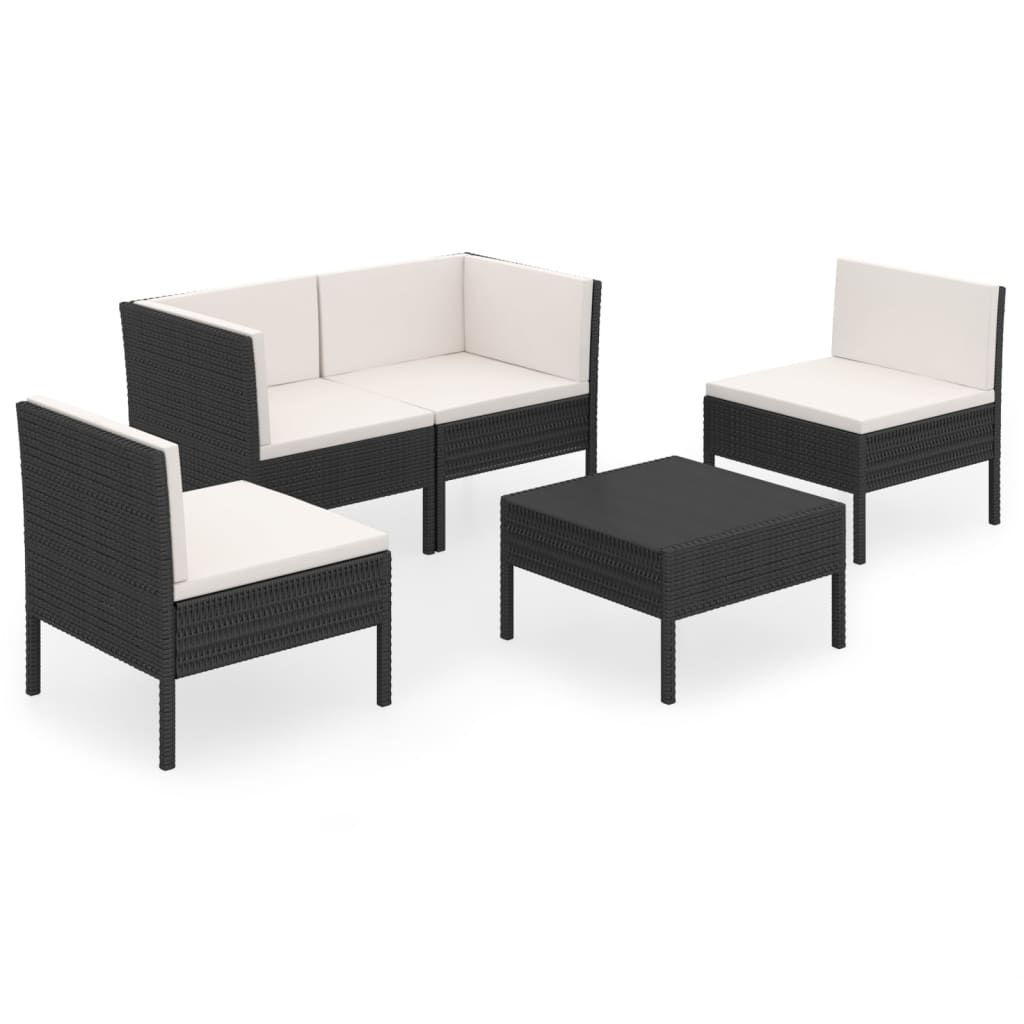 Set mobilier de grădină cu perne, 5 piese, negru, poliratan