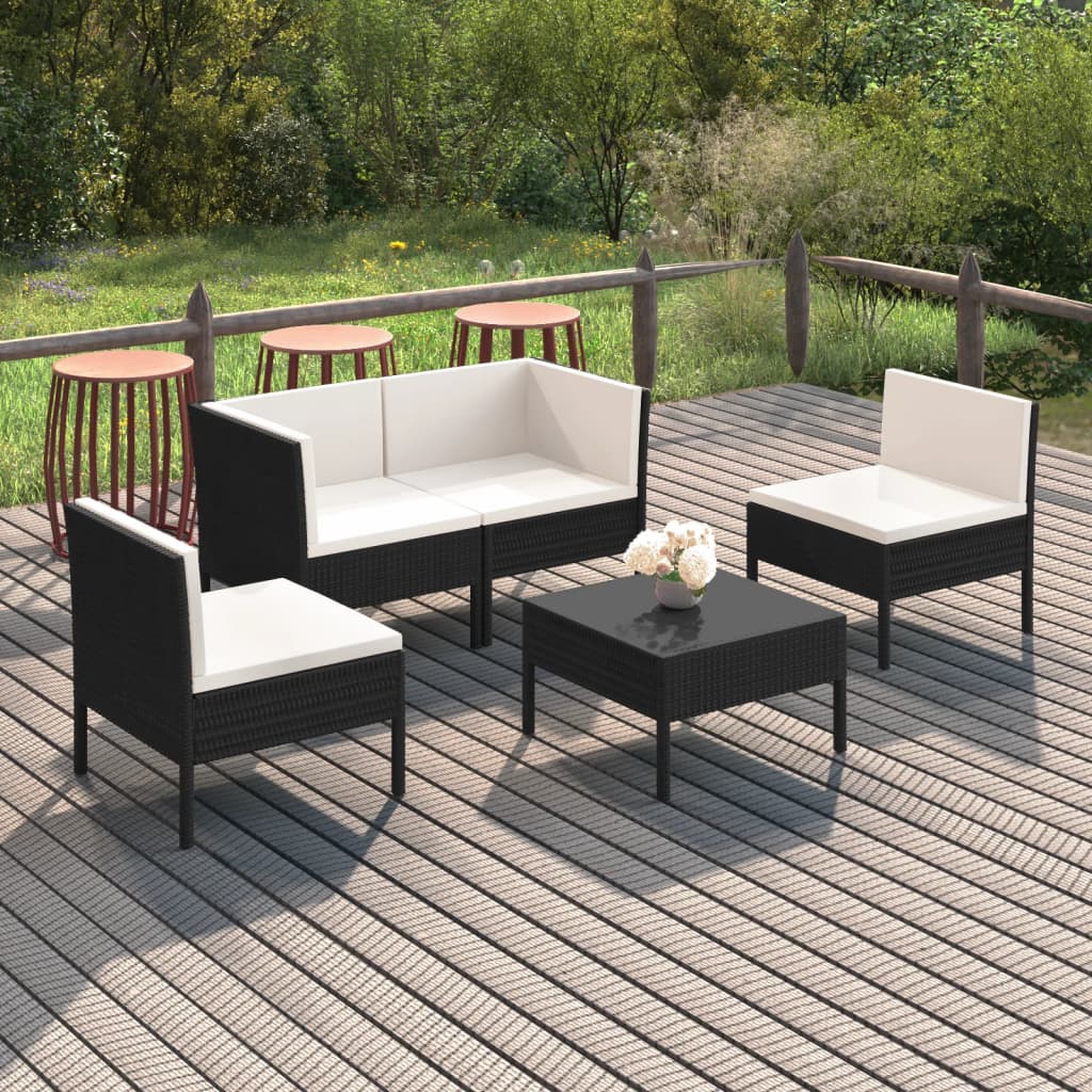 Set mobilier de grădină cu perne, 5 piese, negru, poliratan