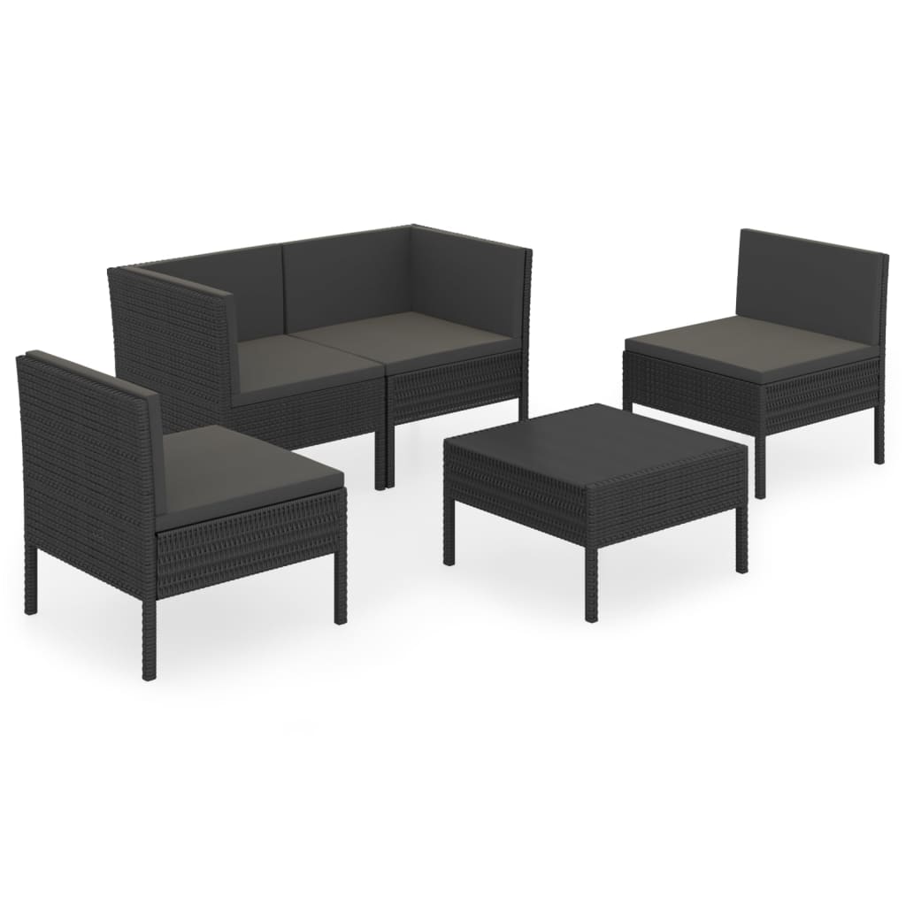 Set mobilier de grădină cu perne, 5 piese, negru, poliratan