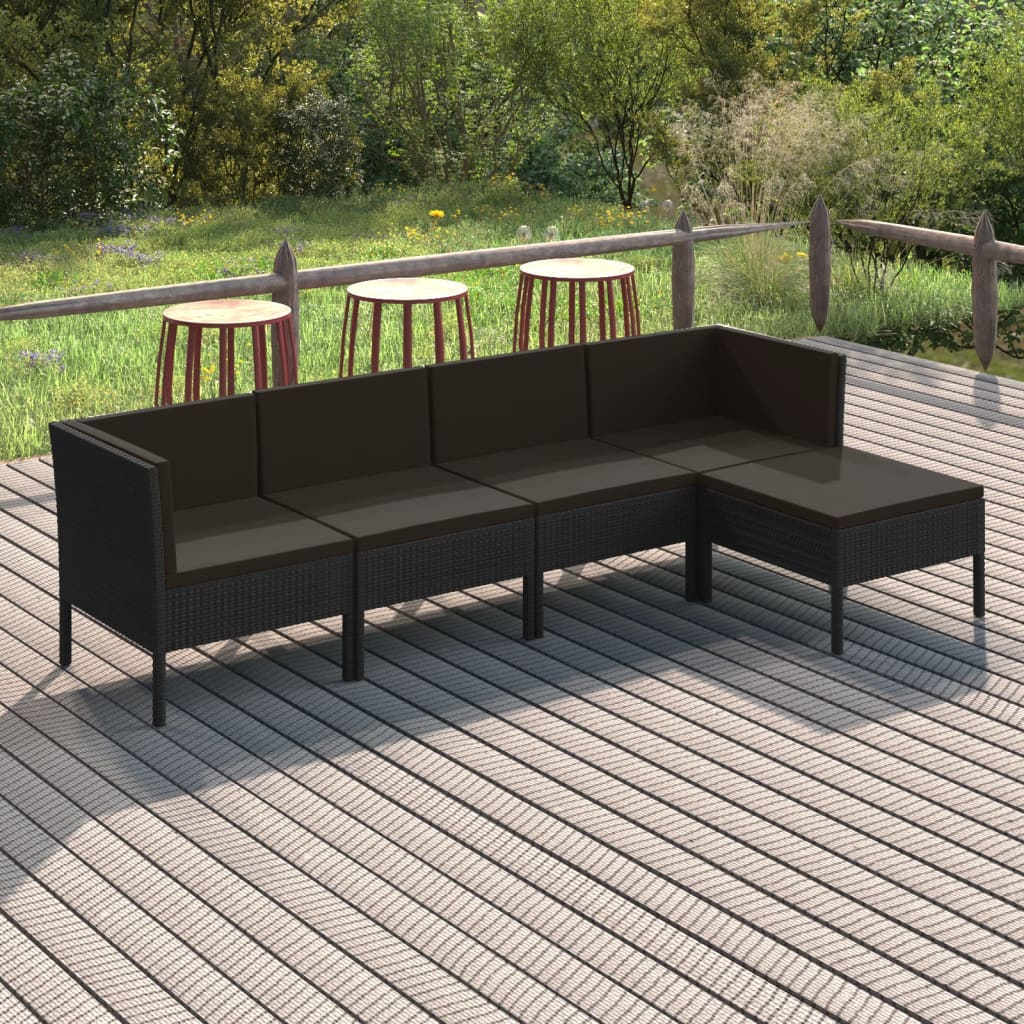 Set mobilier de grădină cu perne, 5 piese, negru, poliratan