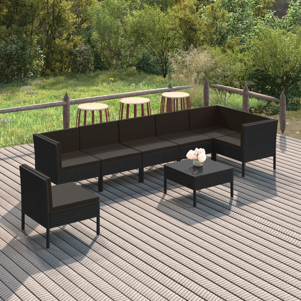 Set mobilier de grădină cu perne, 8 piese, negru, poliratan