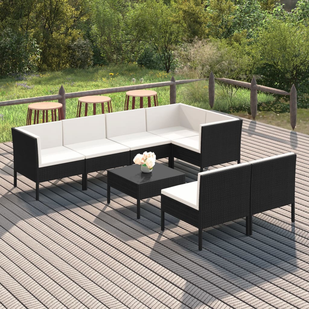 Set mobilier de grădină cu perne, 8 piese, negru, poliratan