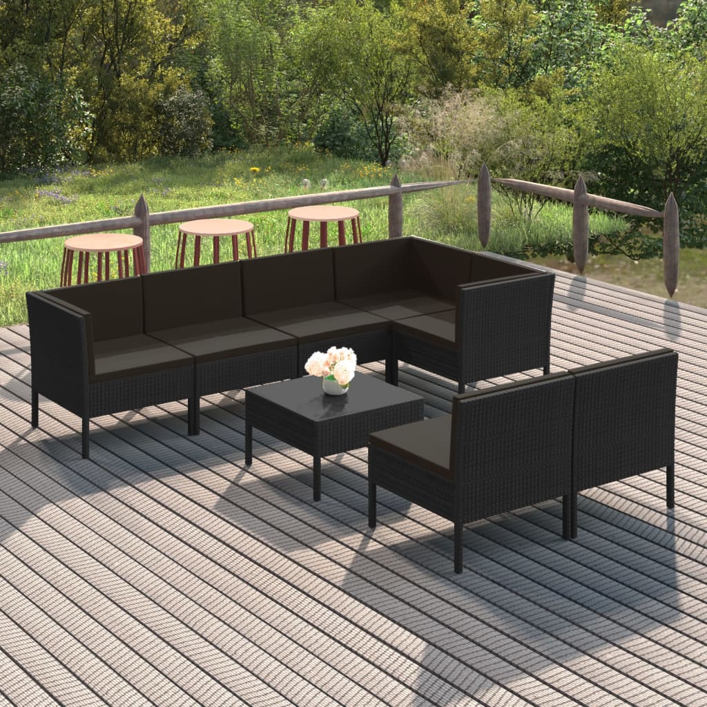 Set mobilier de grădină cu perne, 8 piese, negru, poliratan