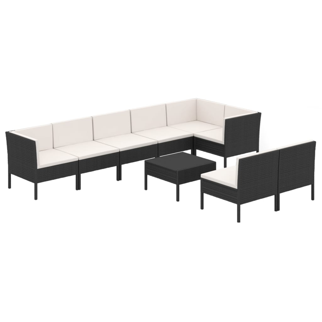 Set mobilier de grădină cu perne, 9 piese, negru, poliratan