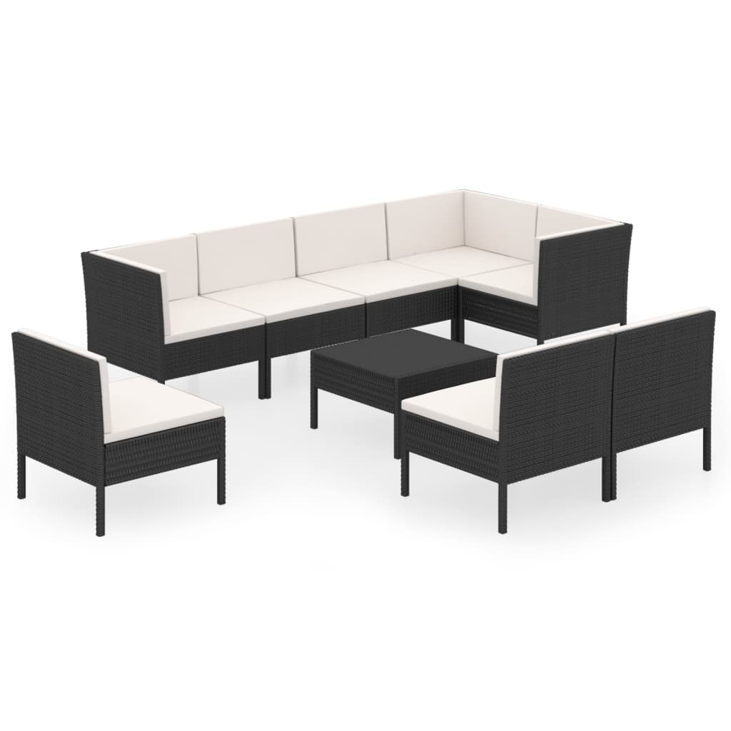 Set mobilier de grădină cu perne, 9 piese, negru, poliratan